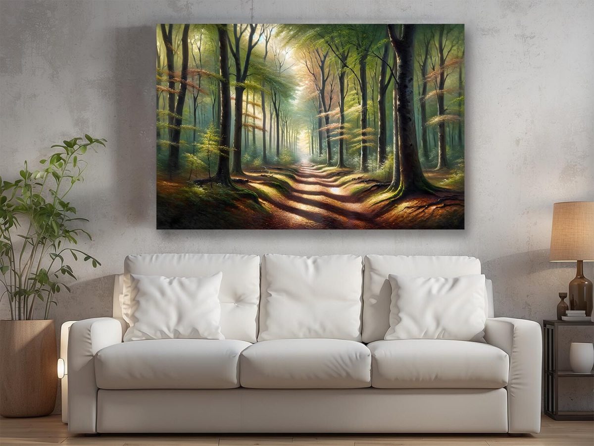 Verträumter Waldweg in goldenem Morgenlich – wie Ölgemälde, Digital Art, KI Art