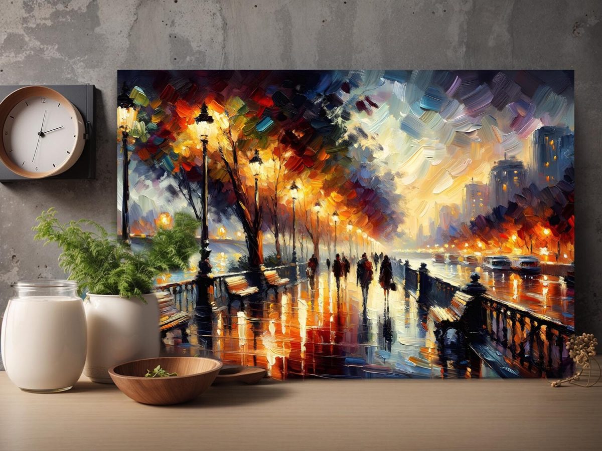 57-529.jpg Belebte Uferpromenade bei Nacht – wie Ölgemälde, Digital Art, KI Art