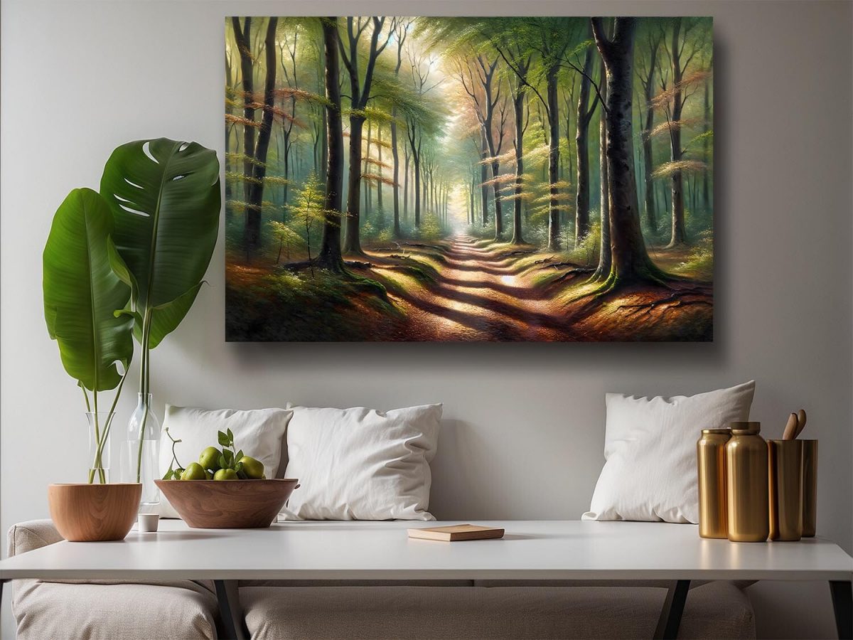 Verträumter Waldweg in goldenem Morgenlich – wie Ölgemälde, Digital Art, KI Art