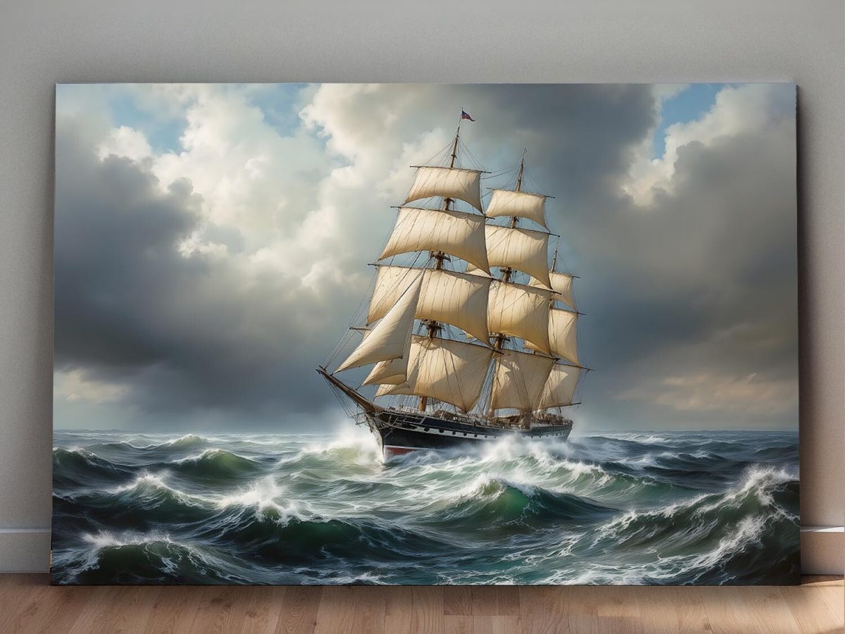 Segelschiff auf stürmischer See unter dramatischem Himmel , Digital Art,