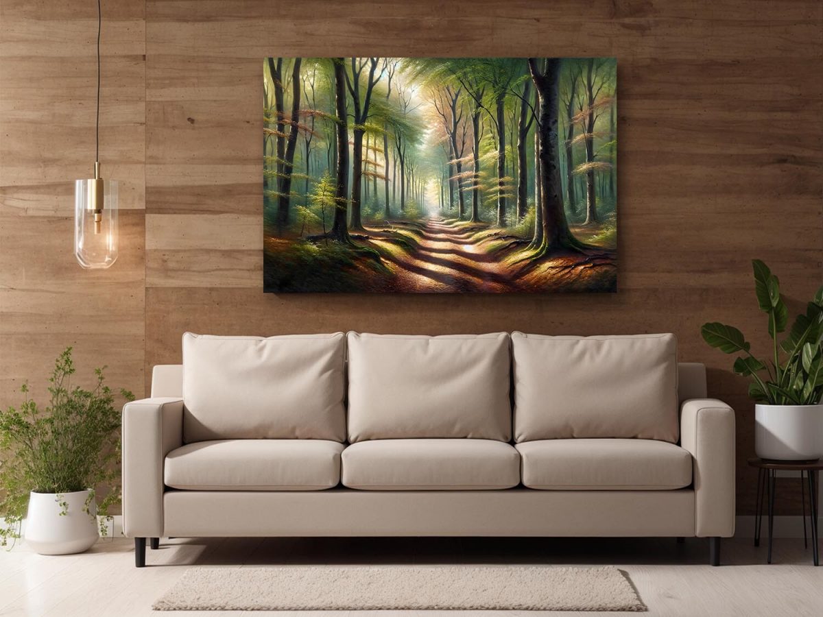 Verträumter Waldweg in goldenem Morgenlich – wie Ölgemälde, Digital Art, KI Art