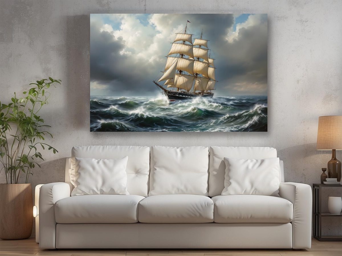 Segelschiff auf stürmischer See unter dramatischem Himmel , Digital Art,