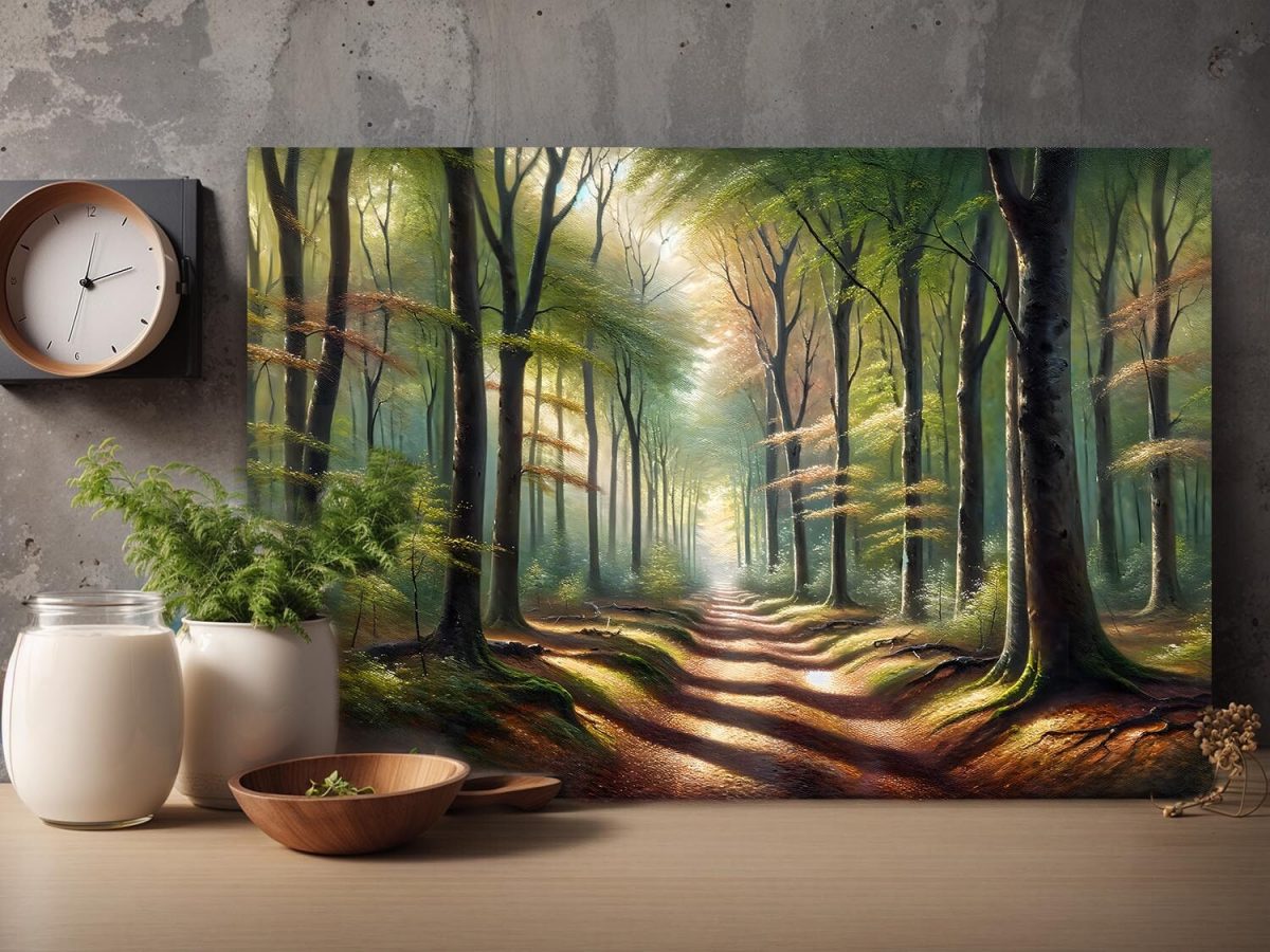 Verträumter Waldweg in goldenem Morgenlich – wie Ölgemälde, Digital Art, KI Art