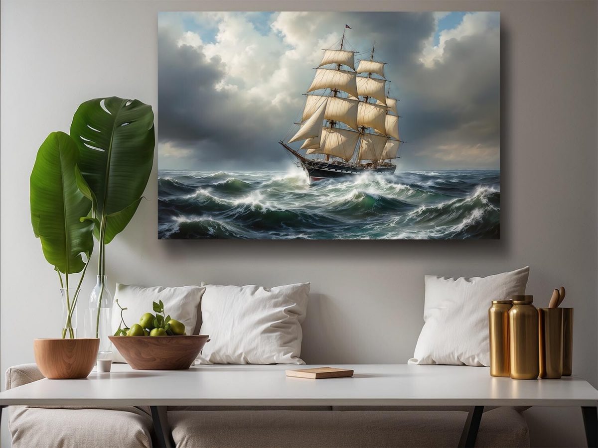 Segelschiff auf stürmischer See unter dramatischem Himmel , Digital Art,