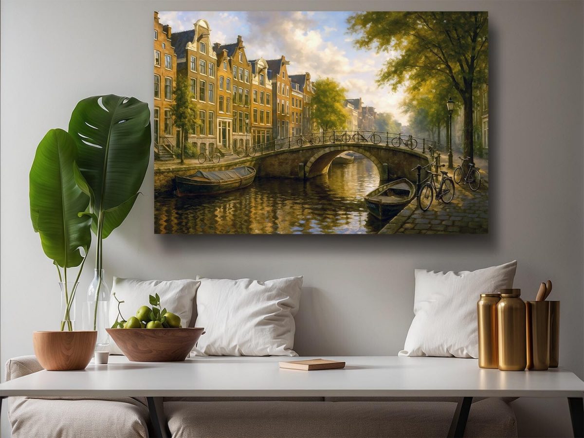 Goldenes Amsterdam - Kanalbrücke im Abendlicht, Digital Art,