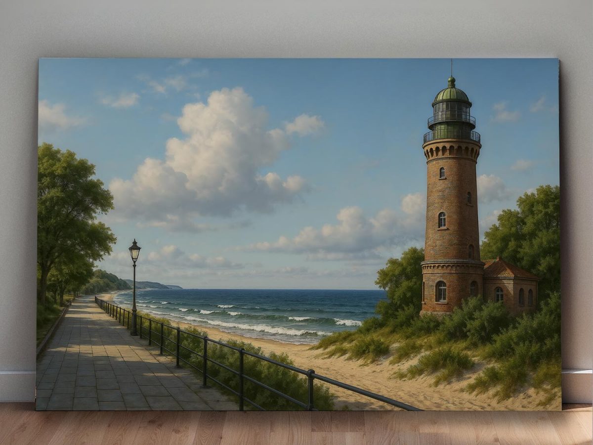 Strandpromenade mit Leuchtturm – Druck auf Leiwand, Digital Art