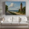 Strandpromenade mit Leuchtturm – Druck auf Leiwand, Digital Art