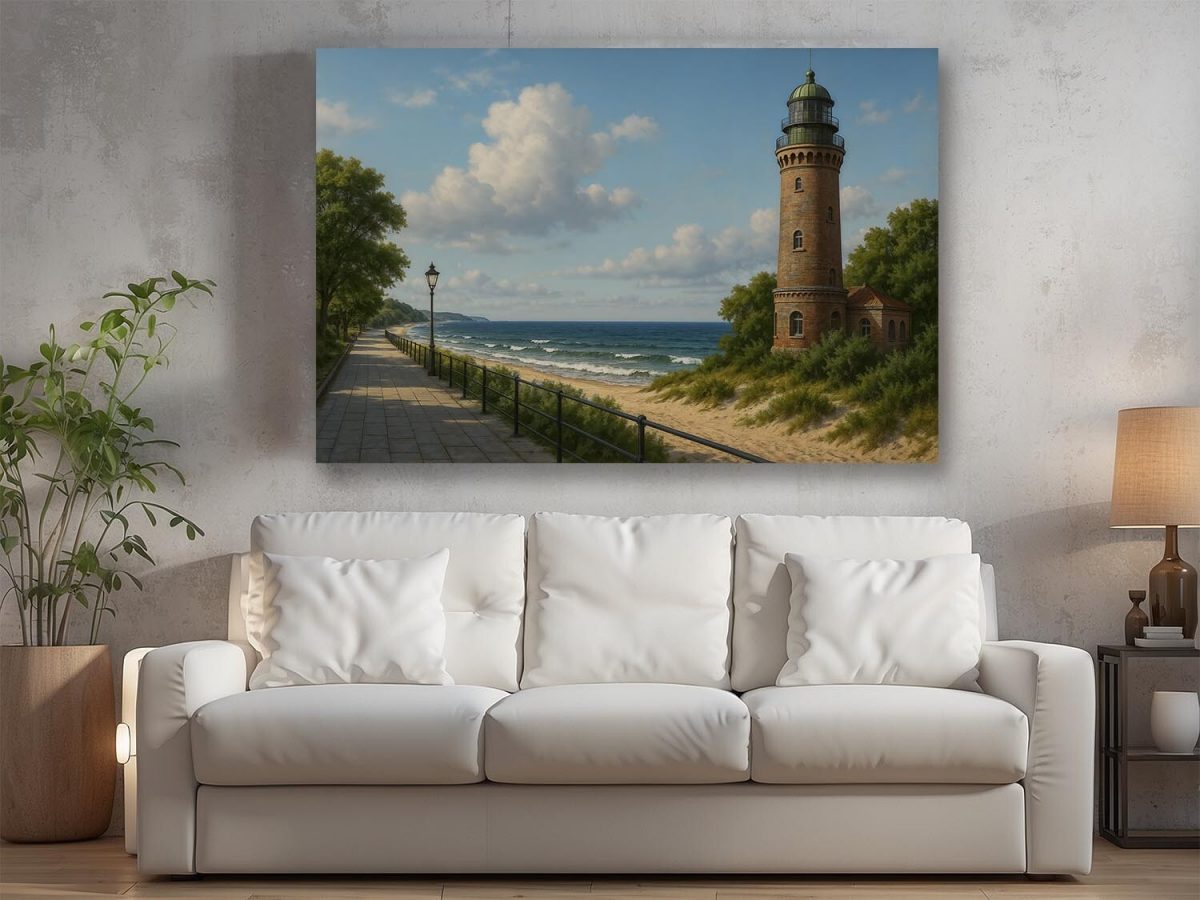 Strandpromenade mit Leuchtturm – Druck auf Leiwand, Digital Art