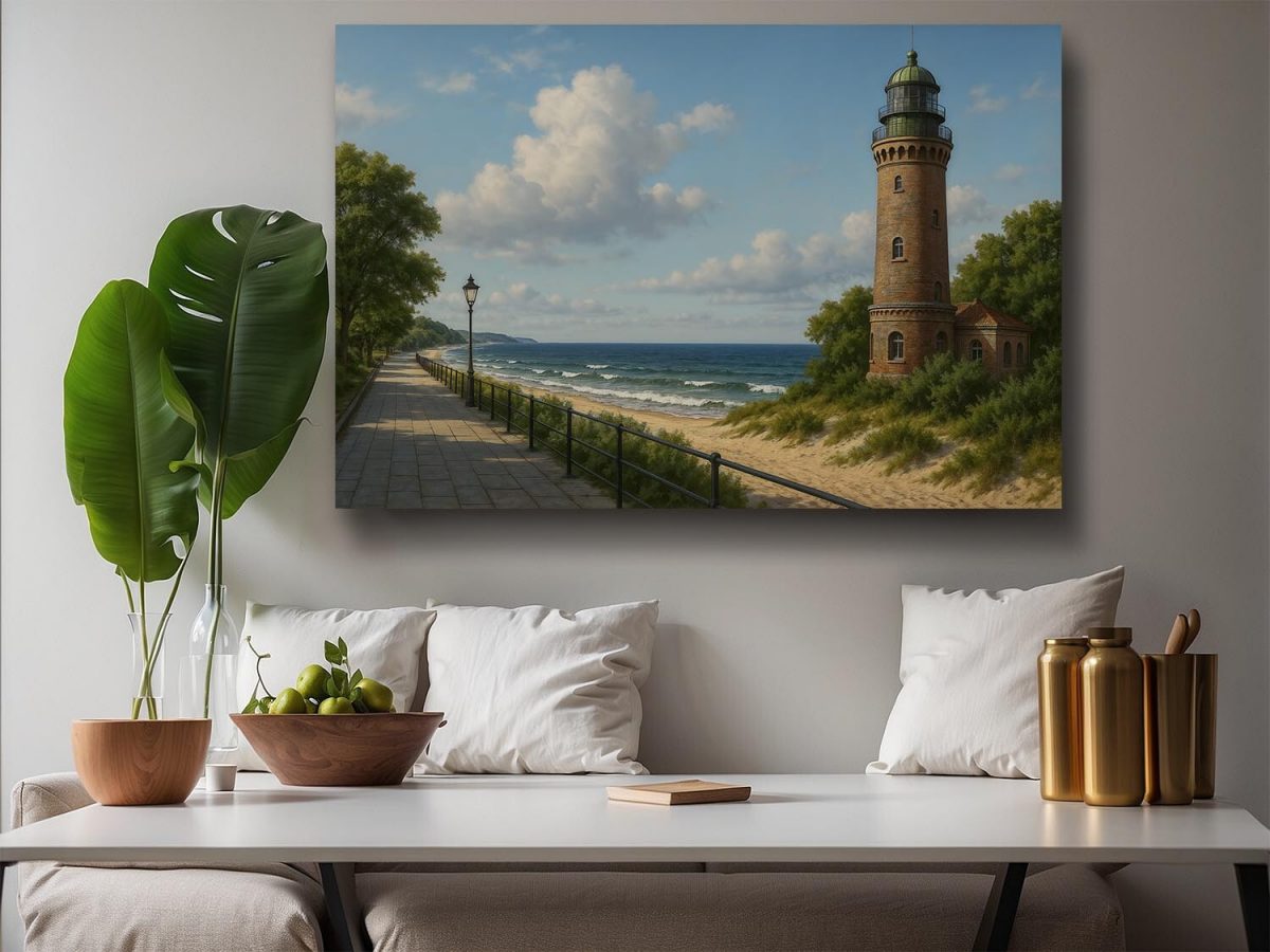 Strandpromenade mit Leuchtturm – Druck auf Leiwand, Digital Art