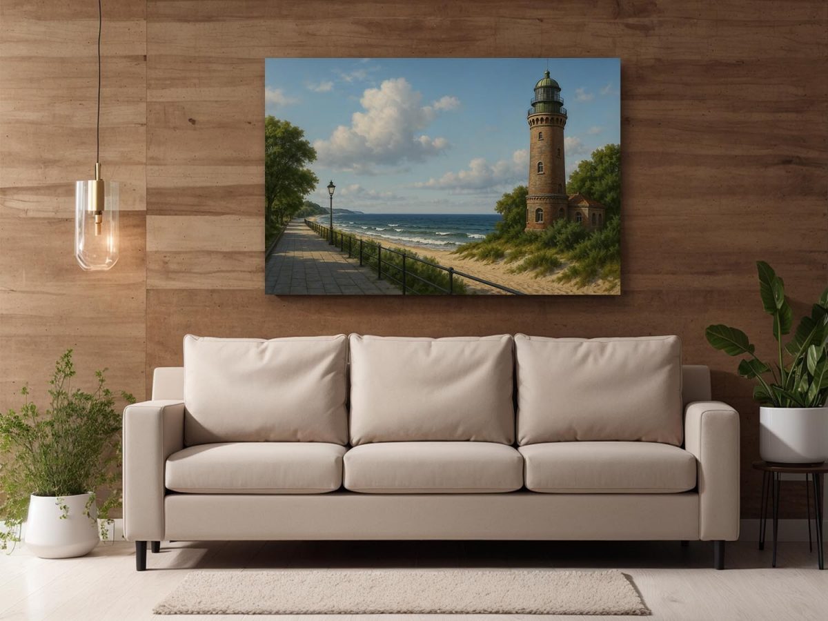 Strandpromenade mit Leuchtturm – Druck auf Leiwand, Digital Art
