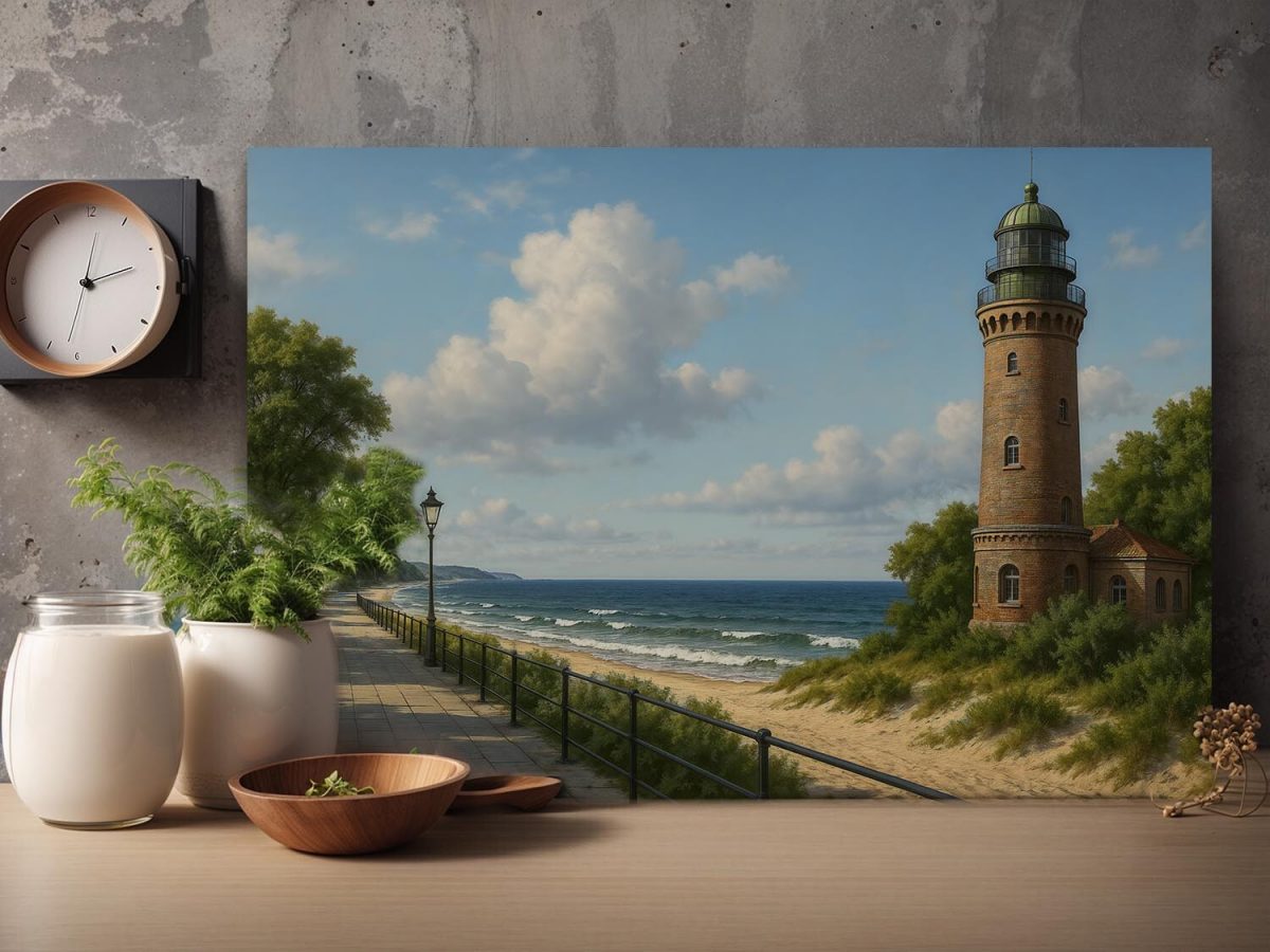 Strandpromenade mit Leuchtturm – Druck auf Leiwand, Digital Art