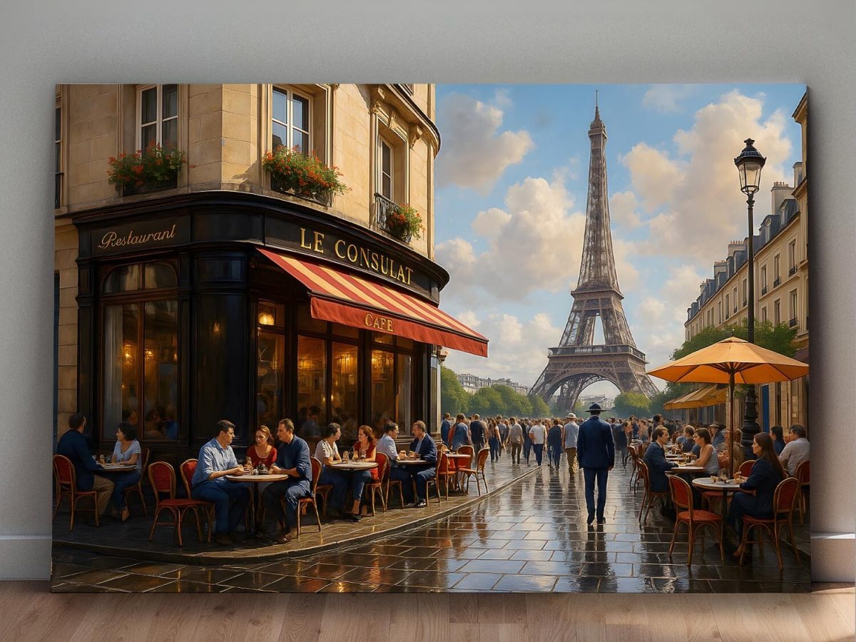 Pariser Café mit Eiffelturm – Bild auf Leinwand, Digital Art