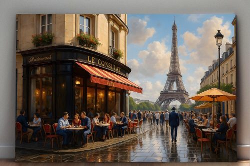 Pariser Café mit Eiffelturm – Bild auf Leinwand, Digital Art