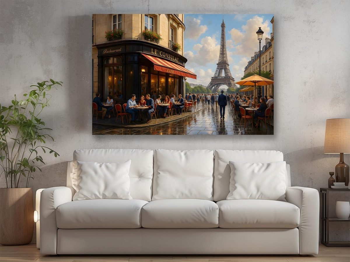 Pariser Café mit Eiffelturm – Bild auf Leinwand, Digital Art