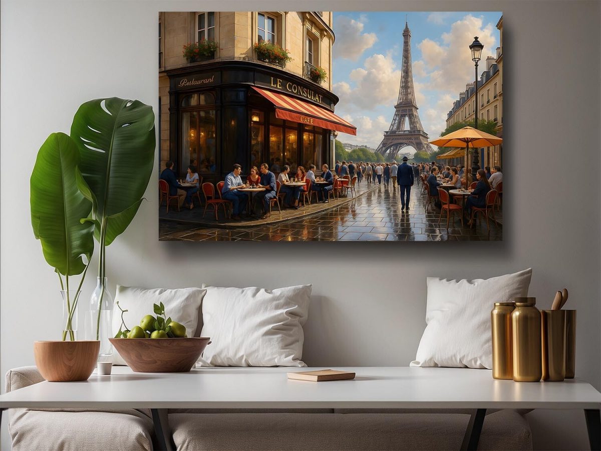 Pariser Café mit Eiffelturm – Bild auf Leinwand, Digital Art