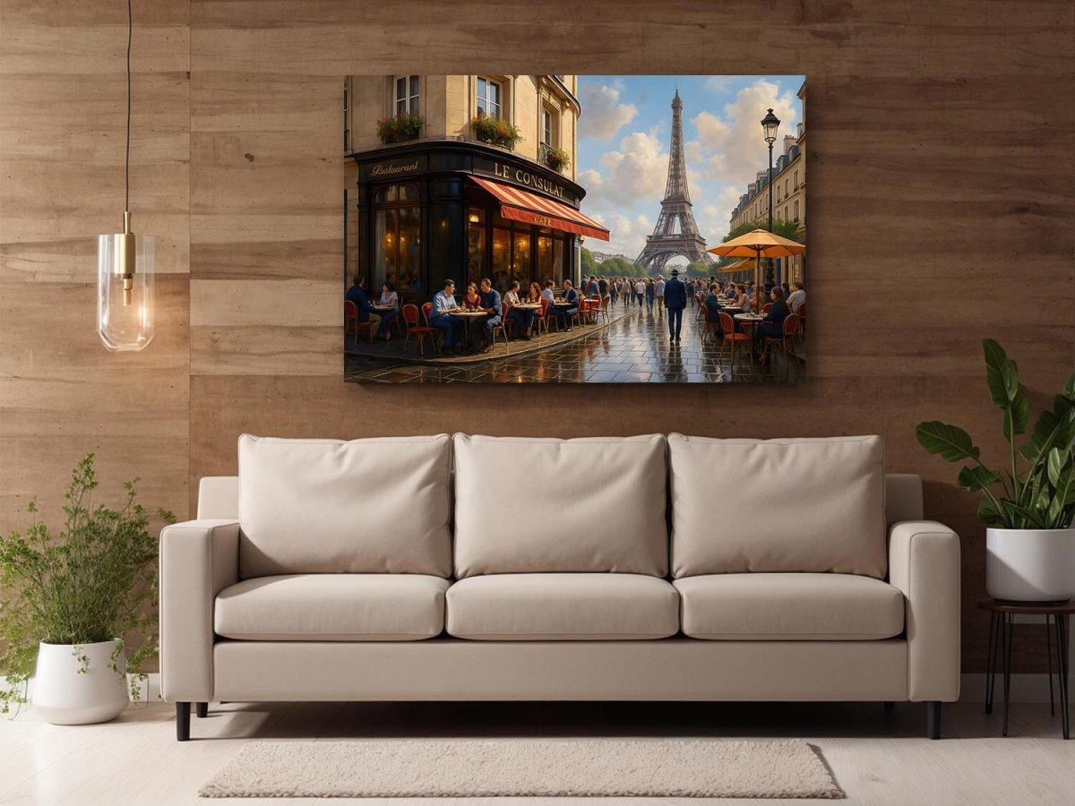 Pariser Café mit Eiffelturm – Bild auf Leinwand, Digital Art