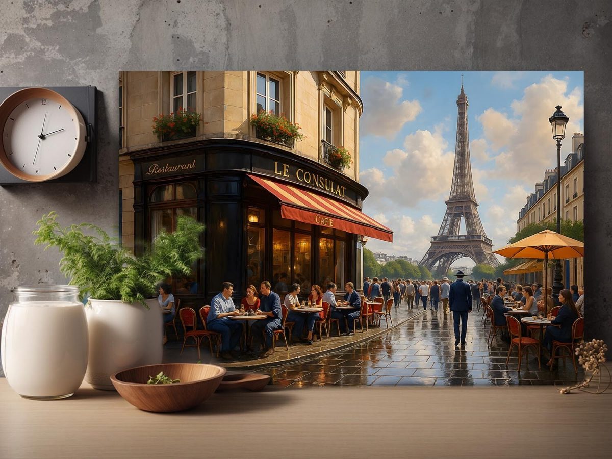 Pariser Café mit Eiffelturm – Bild auf Leinwand, Digital Art