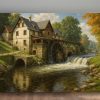 Historische Wassermühle im Tal, Bild auf Leinwand, Digital Art