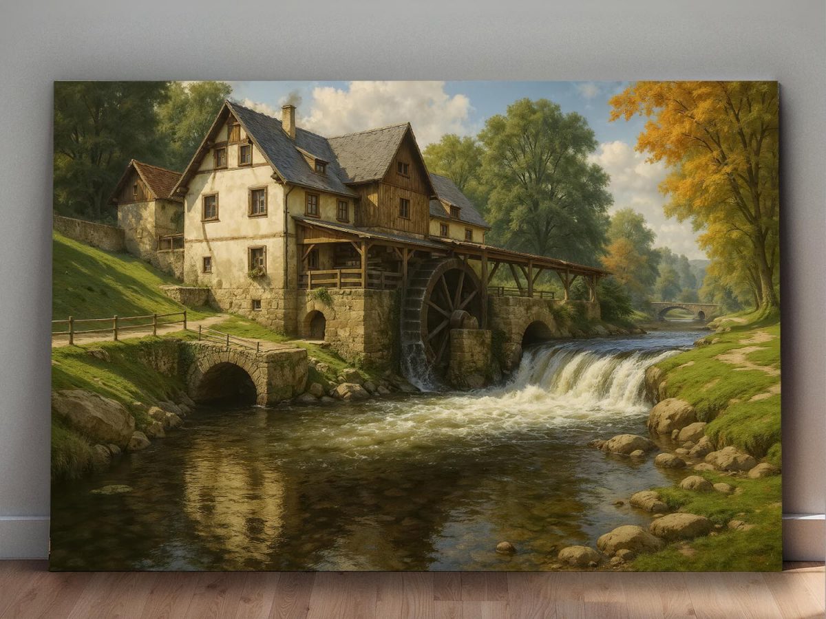 Historische Wassermühle im Tal, Bild auf Leinwand, Digital Art