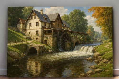 57-588.jpg Historische Wassermühle im Tal, Bild auf Leinwand, Digital Art