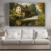Historische Wassermühle im Tal, Bild auf Leinwand, Digital Art