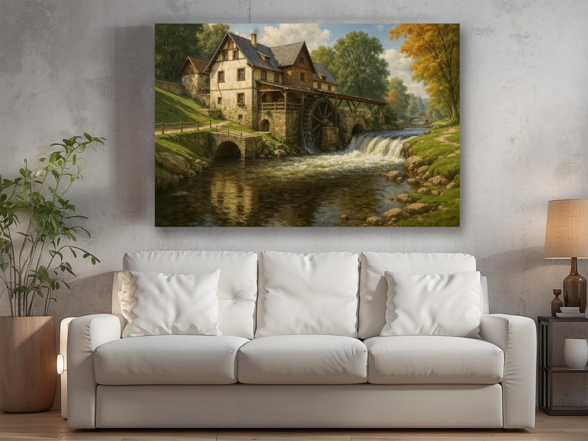 Historische Wassermühle im Tal, Bild auf Leinwand, Digital Art