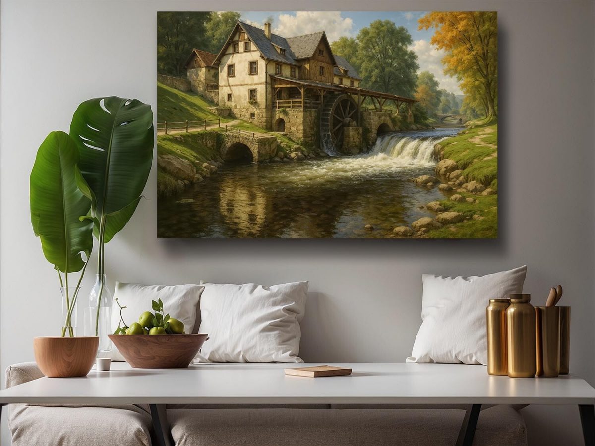 Historische Wassermühle im Tal, Bild auf Leinwand, Digital Art