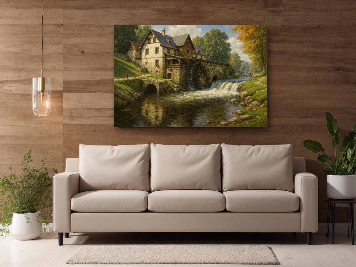 Historische Wassermühle im Tal, Bild auf Leinwand, Digital Art