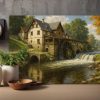 Historische Wassermühle im Tal, Bild auf Leinwand, Digital Art