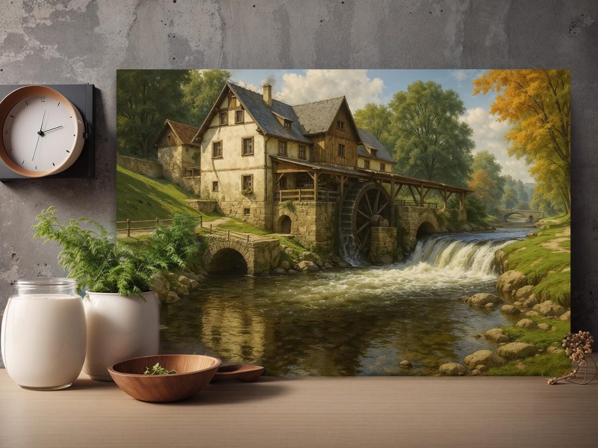 Historische Wassermühle im Tal, Bild auf Leinwand, Digital Art