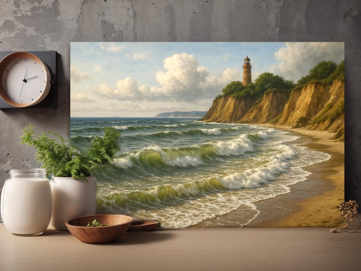 Leuchtturm auf den Klippen – Bild auf Leinwand, Digital Art,