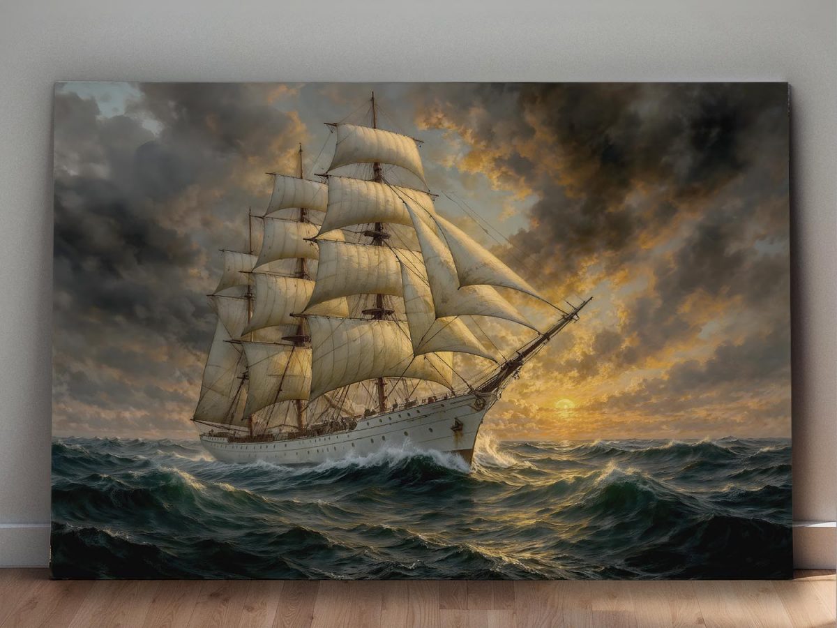 Segelschiff im Abendlicht , Bild auf Leinwand,