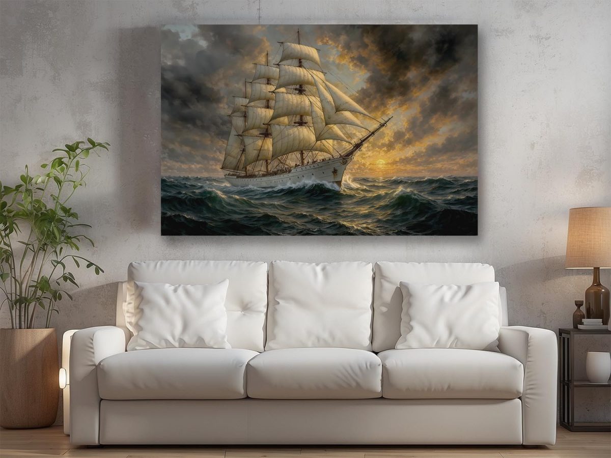 Segelschiff im Abendlicht , Bild auf Leinwand,