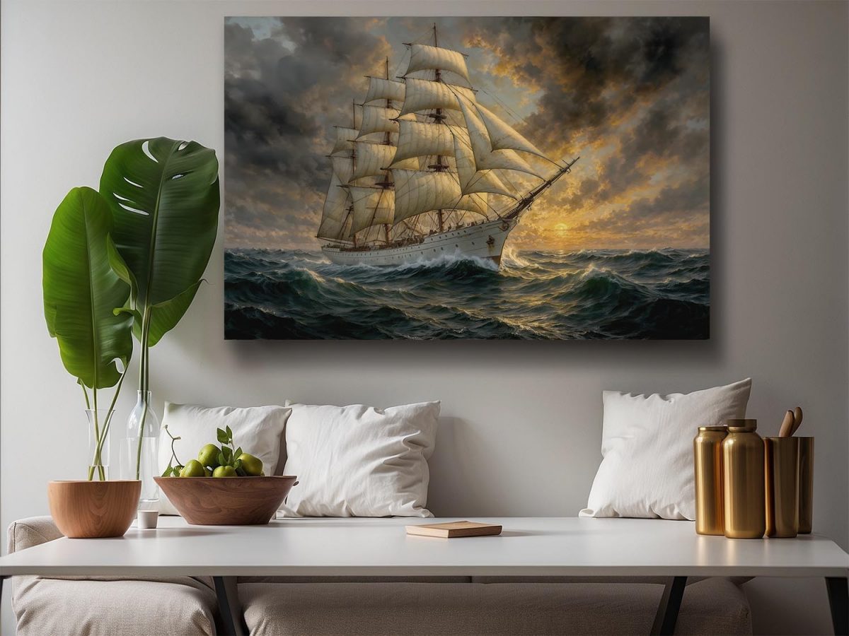 Segelschiff im Abendlicht , Bild auf Leinwand,