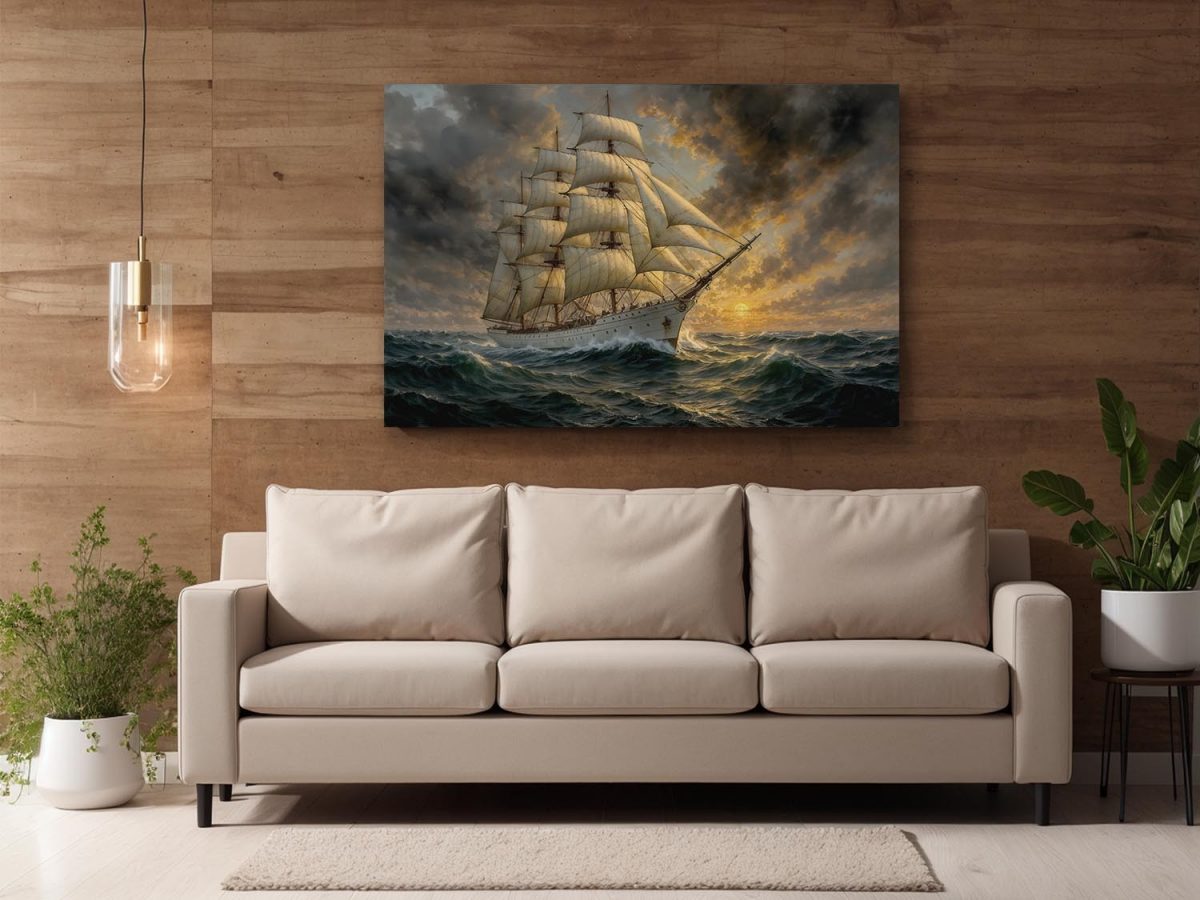 Segelschiff im Abendlicht , Bild auf Leinwand,