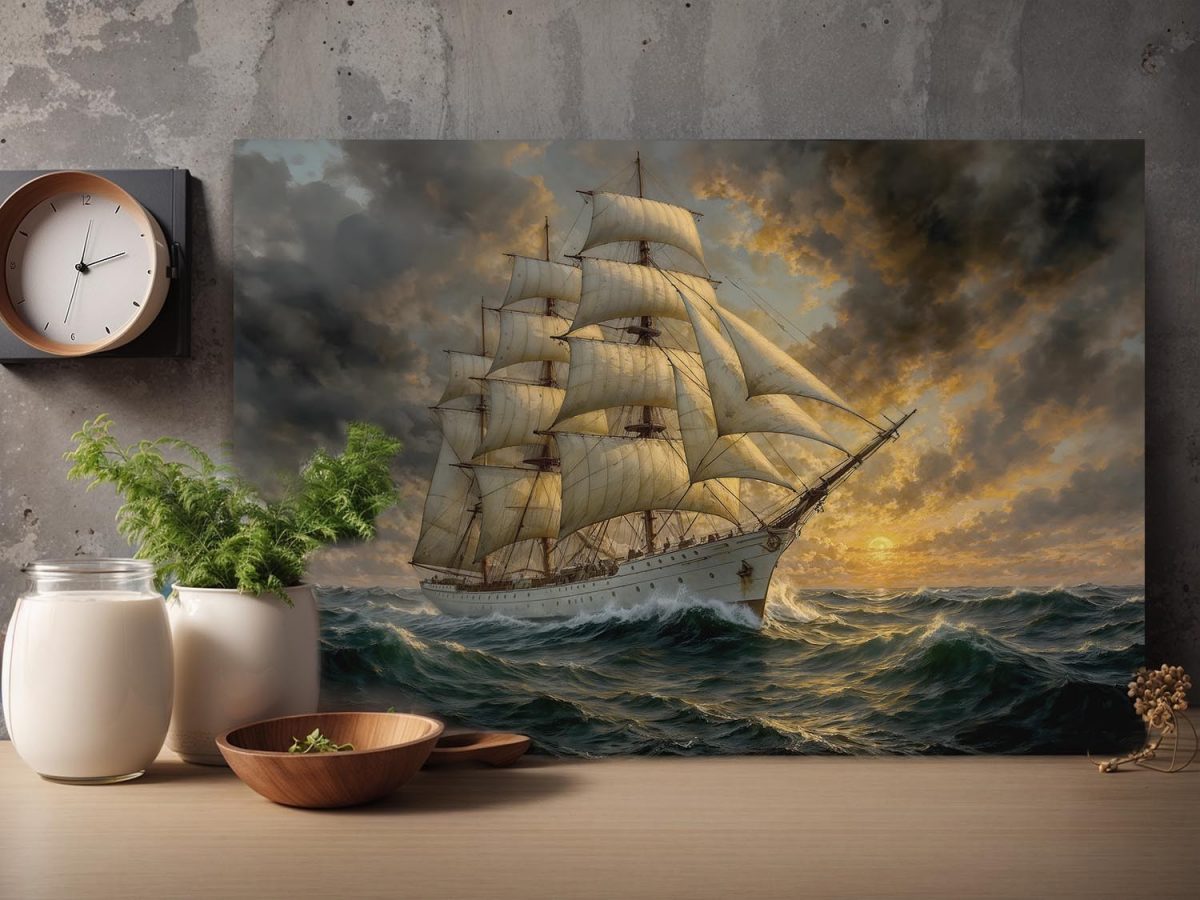Segelschiff im Abendlicht , Bild auf Leinwand,