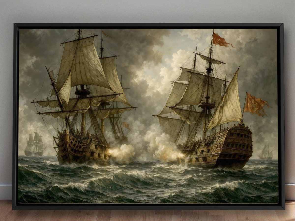 Segelschiff im Gefecht , Bild auf Leinwand im Schattenfugenrahmen