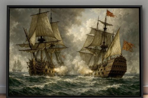 Segelschiff im Gefecht , Bild auf Leinwand im Schattenfugenrahmen