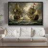 Segelschiff im Gefecht , Bild auf Leinwand im Schattenfugenrahmen