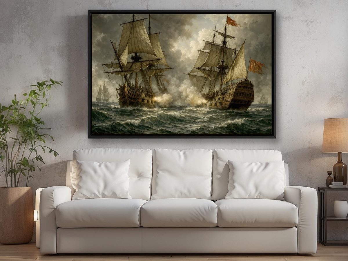 Segelschiff im Gefecht , Bild auf Leinwand im Schattenfugenrahmen