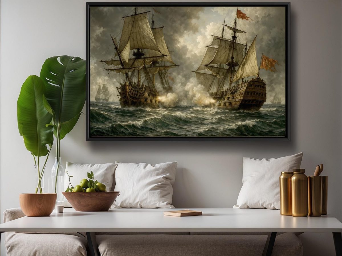 Segelschiff im Gefecht , Bild auf Leinwand im Schattenfugenrahmen