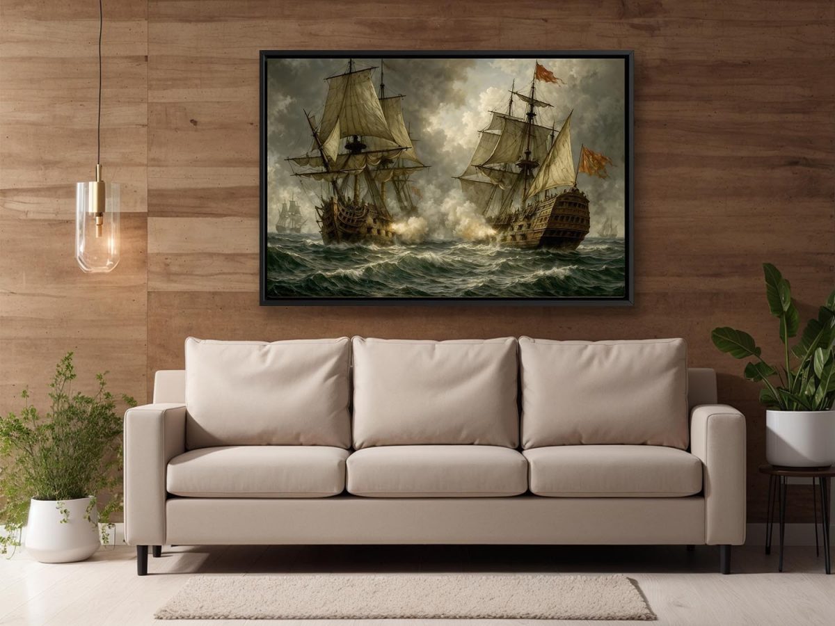 Segelschiff im Gefecht , Bild auf Leinwand im Schattenfugenrahmen