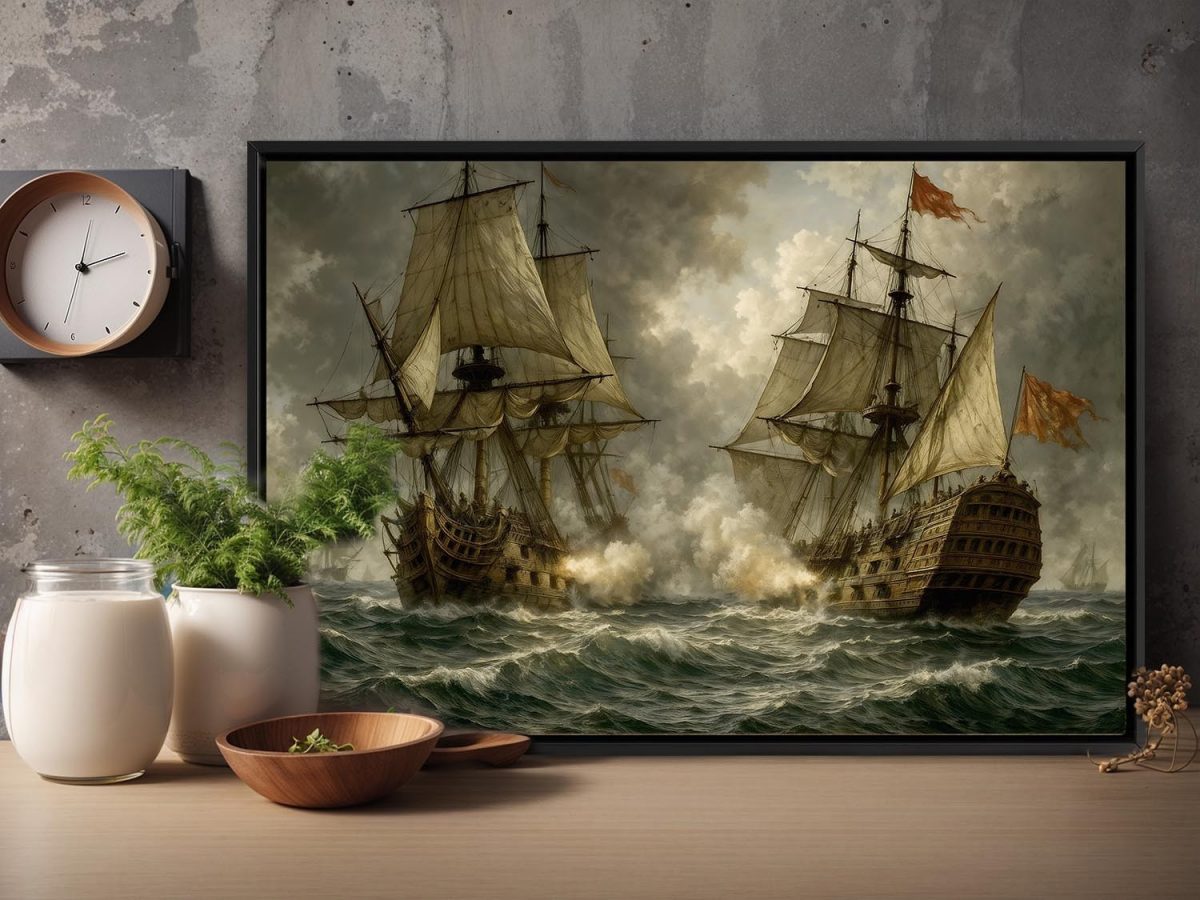 Segelschiff im Gefecht , Bild auf Leinwand im Schattenfugenrahmen