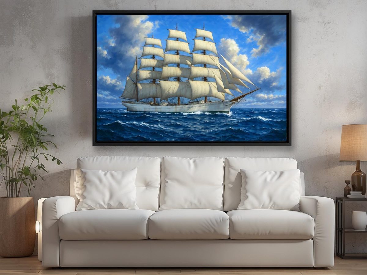 Segelschiff unter vollen Segeln , Bild auf Leinwand im Schattenfugenrahmen