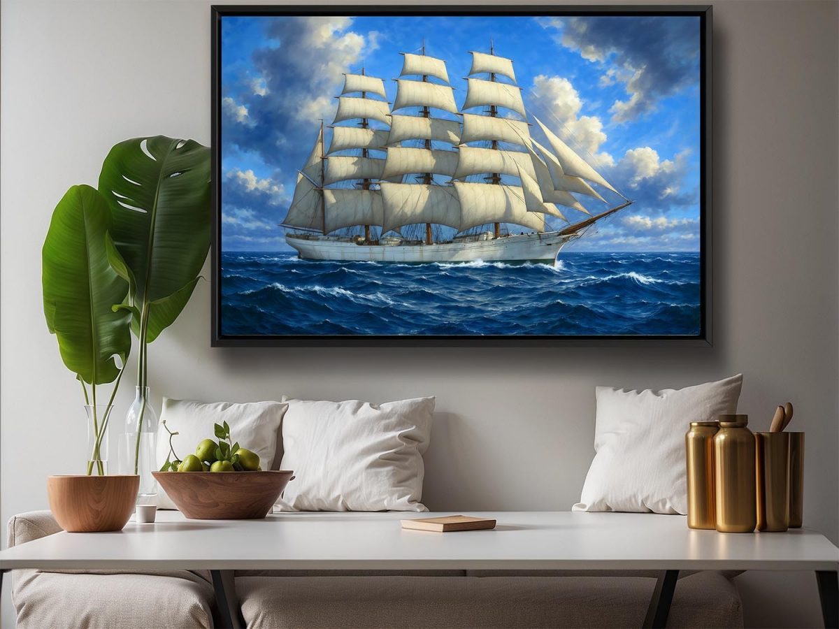 Segelschiff unter vollen Segeln , Bild auf Leinwand im Schattenfugenrahmen