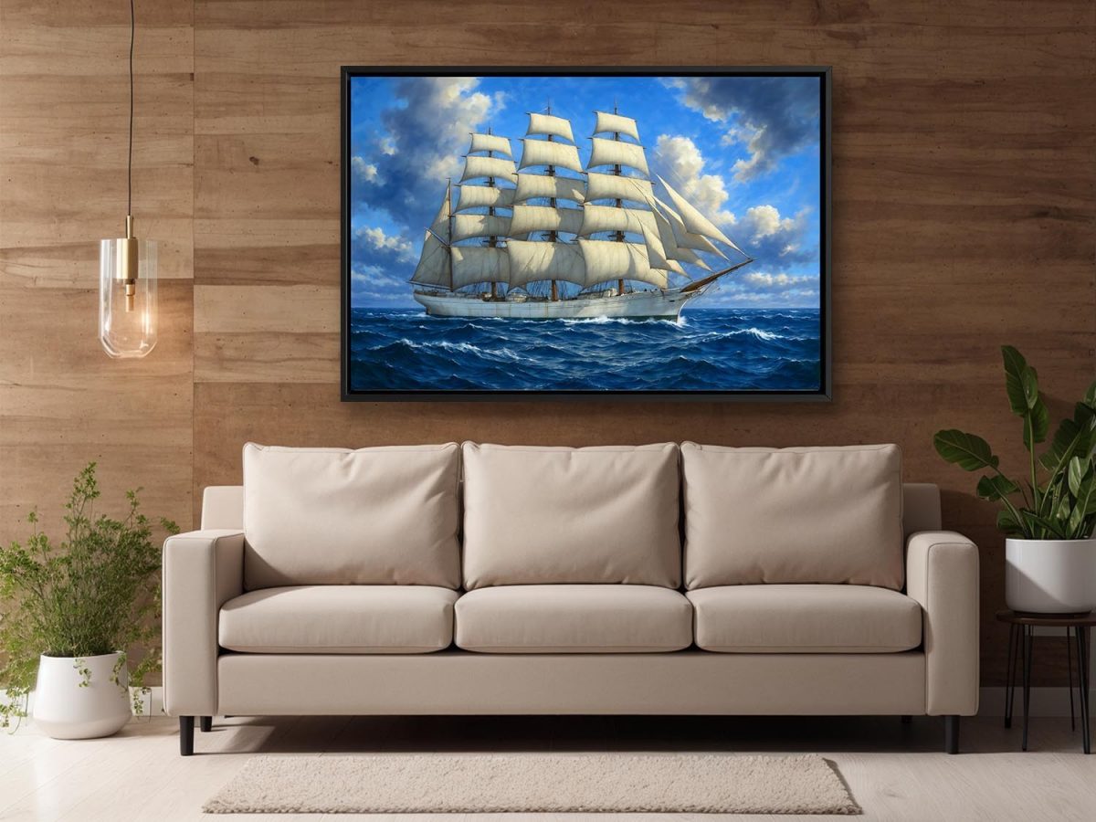 Segelschiff unter vollen Segeln , Bild auf Leinwand im Schattenfugenrahmen
