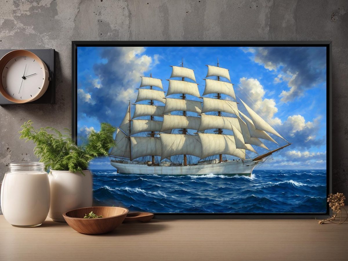 Segelschiff unter vollen Segeln , Bild auf Leinwand im Schattenfugenrahmen