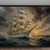 Segelschiff im Abendlicht , Bild auf Leinwand im Schattenfugenrahmen