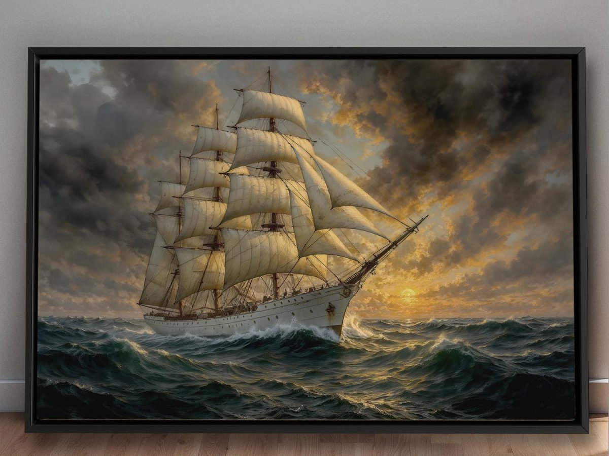 Segelschiff im Abendlicht , Bild auf Leinwand im Schattenfugenrahmen