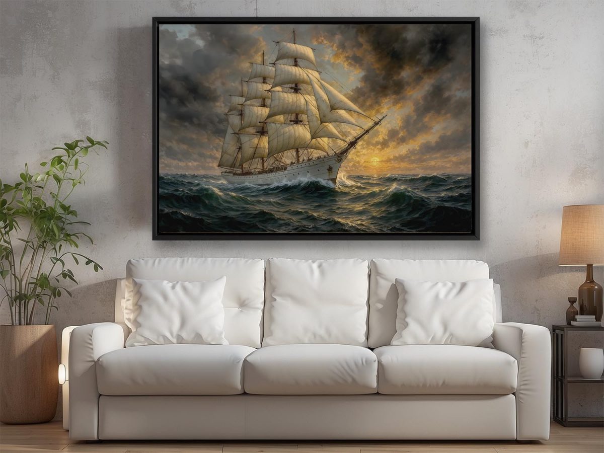 Segelschiff im Abendlicht , Bild auf Leinwand im Schattenfugenrahmen